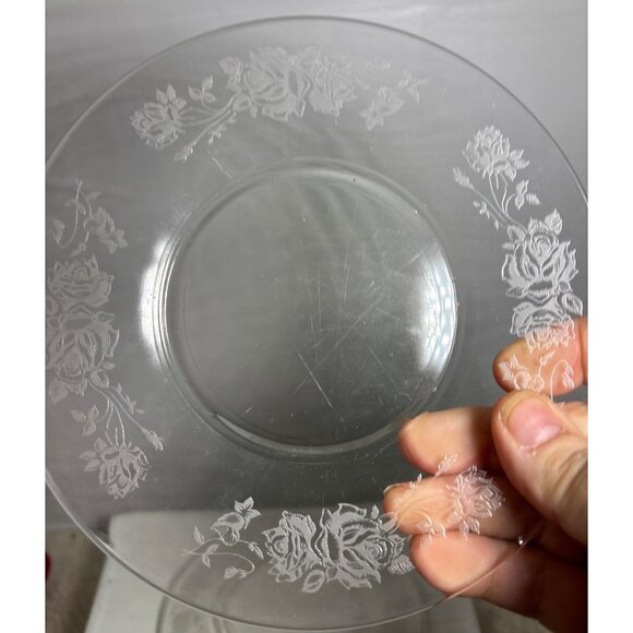 8 Vtg Clear Glass Plates 6" With Floral Rose Etched Design Bread Dessert Saucer - Picture 8 of 16